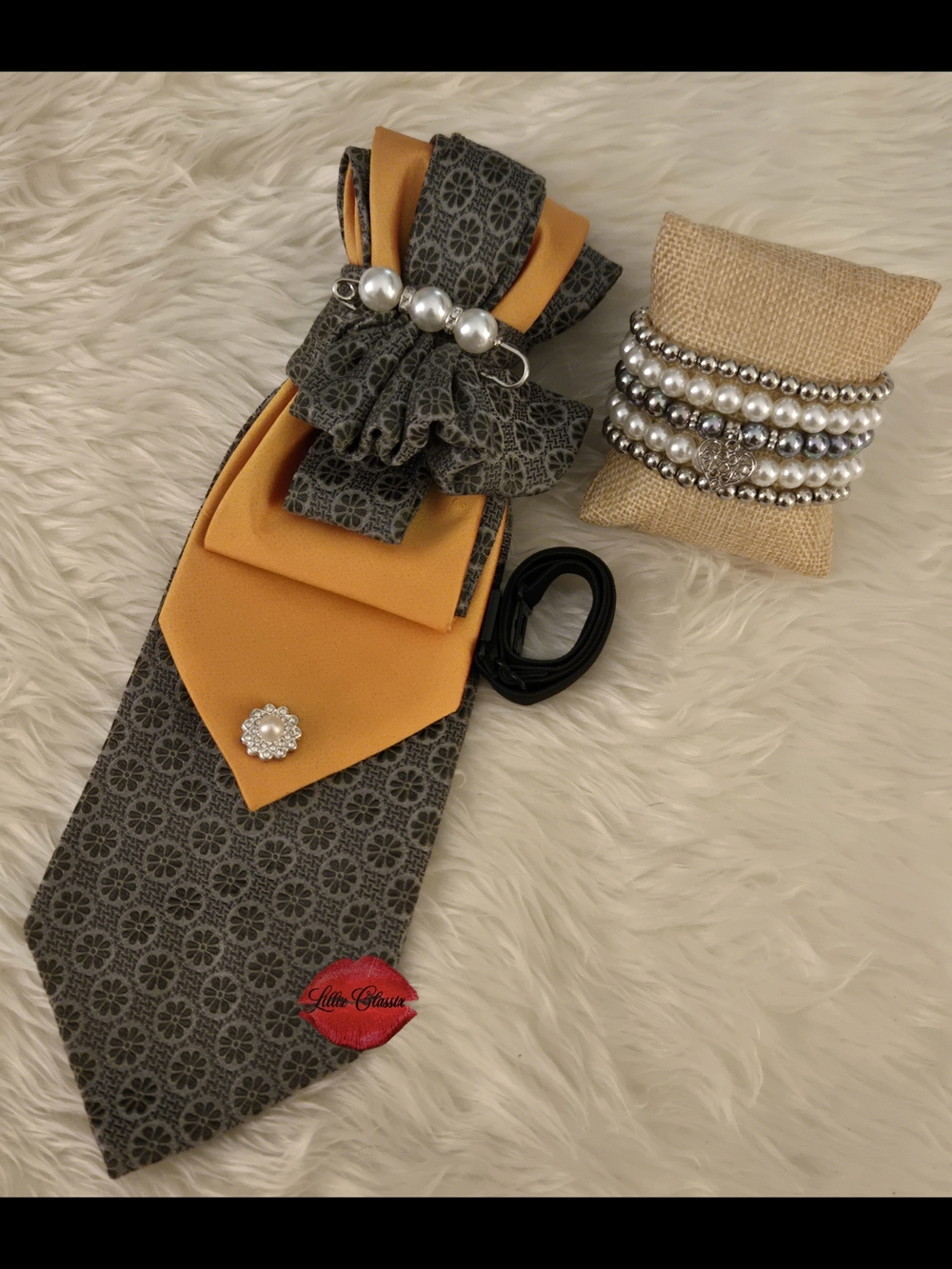 Yellow and Gray Satin Tie Necklace with Pearl Accent